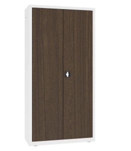 Szafa aktowa SBM 203 M LX – metalowa, z drzwiami w laminacie drewnopodobnym Tek i korpusem w kolorze białym (RAL 9010)