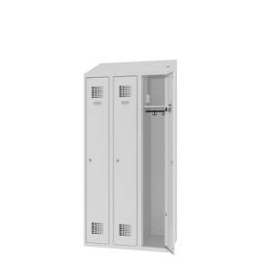 Szafa ubraniowa MSUM 330V z daszkiem – trójkomorowa szafa socjalna z gniazdami elektrycznymi i portami USB