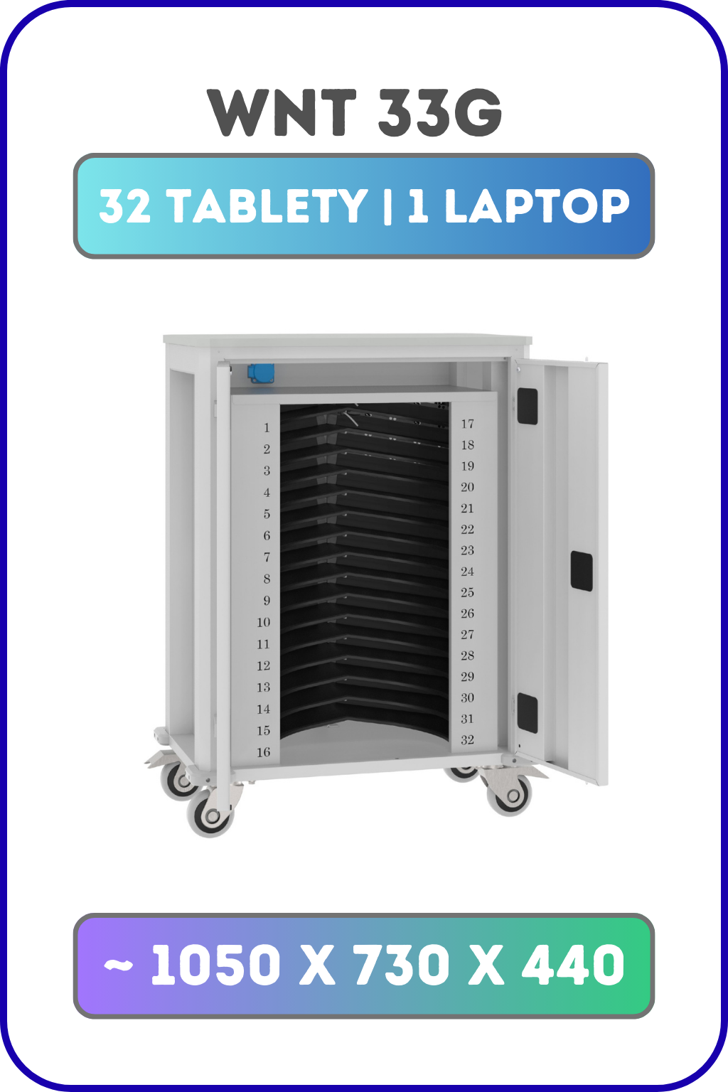 Wózek na tablety WNT 33G – skośne półki, ergonomia, organizacja kabli