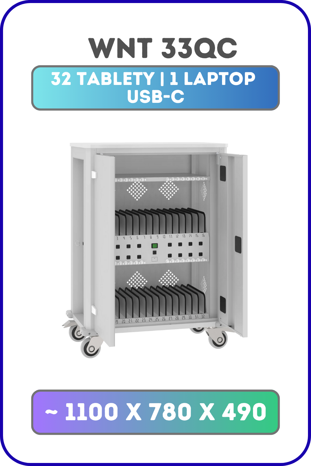 Wózek na tablety WNT 33QC – ładowanie USB-C, 32 tablety + laptop