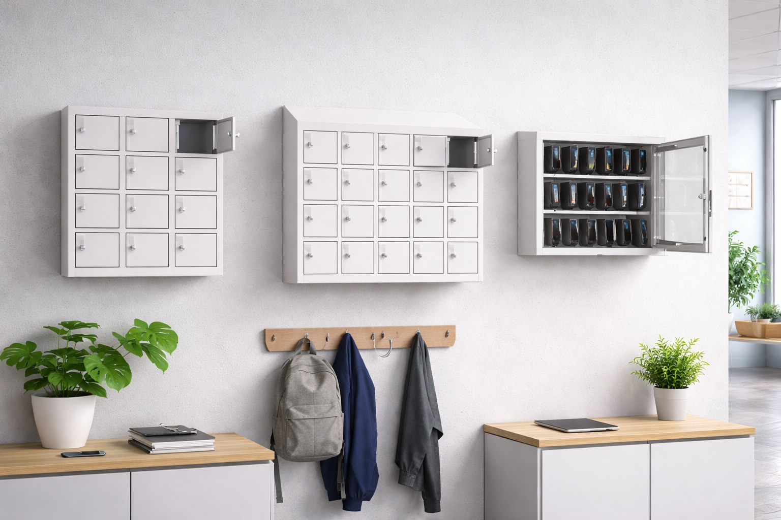 Różne typy szafek do przechowywania smartfonów w jednej placówce